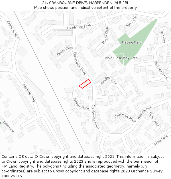 24, CRANBOURNE DRIVE, HARPENDEN, AL5 1RL: Location map and indicative extent of plot