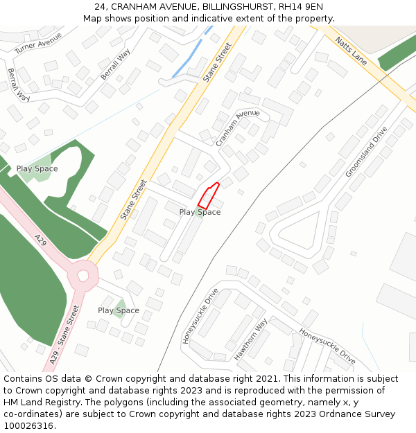 24, CRANHAM AVENUE, BILLINGSHURST, RH14 9EN: Location map and indicative extent of plot