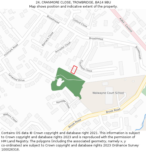 24, CRANMORE CLOSE, TROWBRIDGE, BA14 9BU: Location map and indicative extent of plot