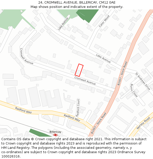 24, CROMWELL AVENUE, BILLERICAY, CM12 0AE: Location map and indicative extent of plot