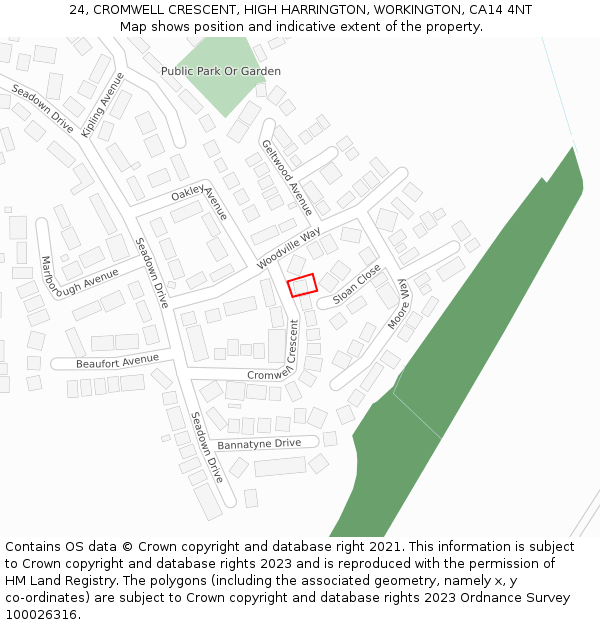 24, CROMWELL CRESCENT, HIGH HARRINGTON, WORKINGTON, CA14 4NT: Location map and indicative extent of plot
