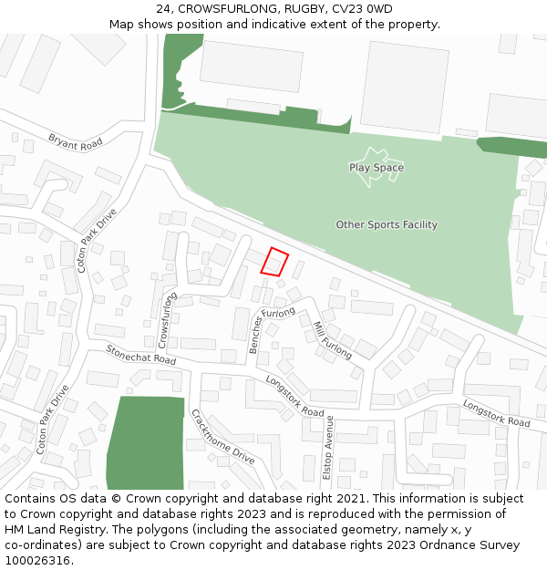 24, CROWSFURLONG, RUGBY, CV23 0WD: Location map and indicative extent of plot