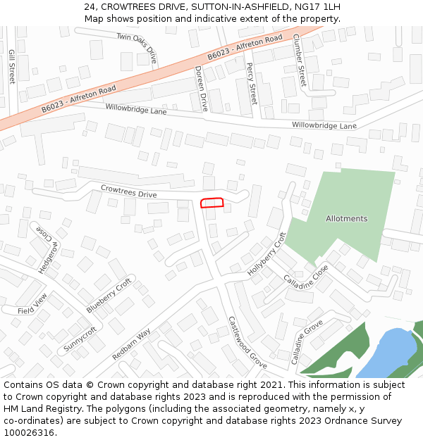 24, CROWTREES DRIVE, SUTTON-IN-ASHFIELD, NG17 1LH: Location map and indicative extent of plot