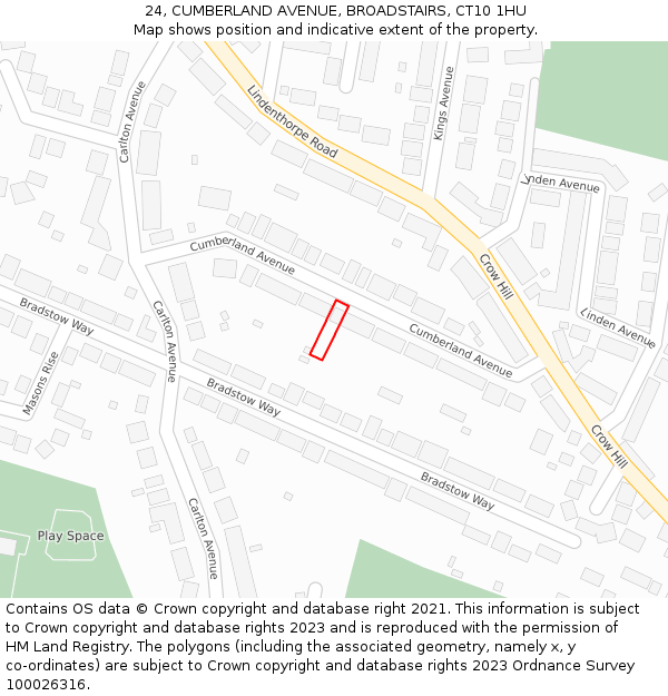 24, CUMBERLAND AVENUE, BROADSTAIRS, CT10 1HU: Location map and indicative extent of plot