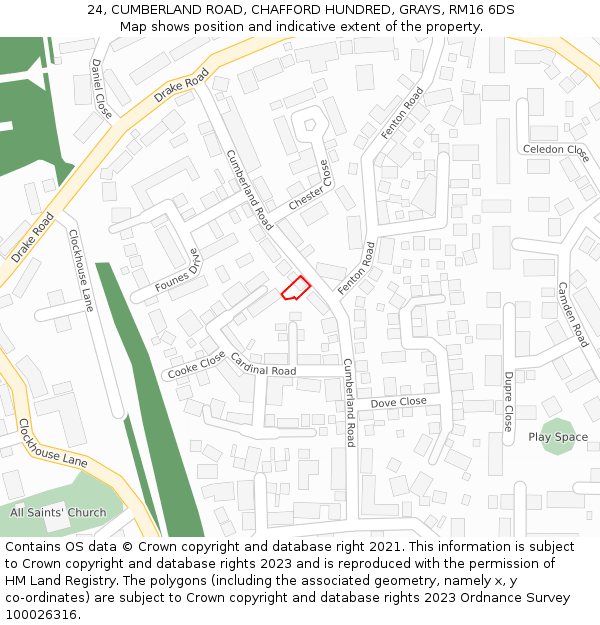 24, CUMBERLAND ROAD, CHAFFORD HUNDRED, GRAYS, RM16 6DS: Location map and indicative extent of plot