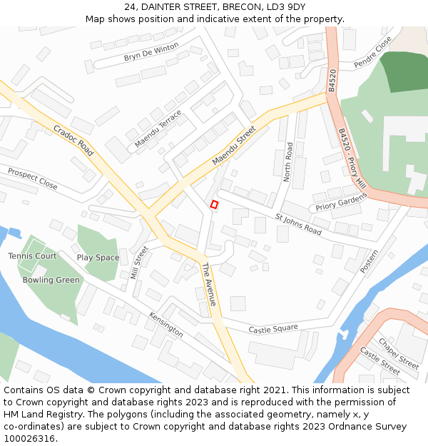 24, DAINTER STREET, BRECON, LD3 9DY: Location map and indicative extent of plot