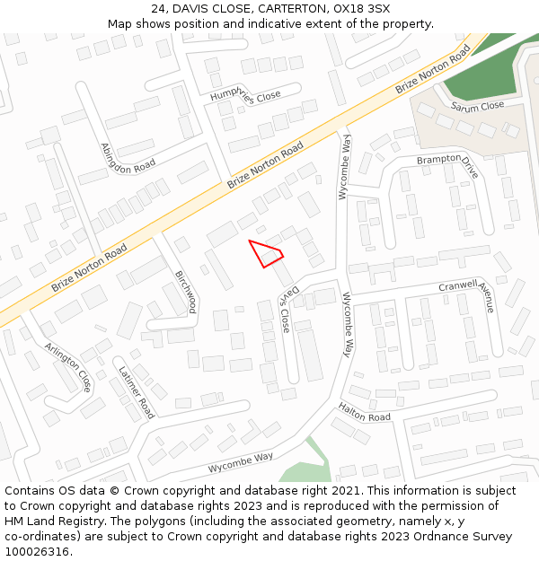 24, DAVIS CLOSE, CARTERTON, OX18 3SX: Location map and indicative extent of plot