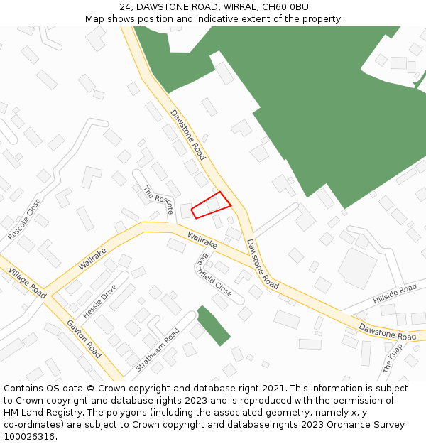 24, DAWSTONE ROAD, WIRRAL, CH60 0BU: Location map and indicative extent of plot