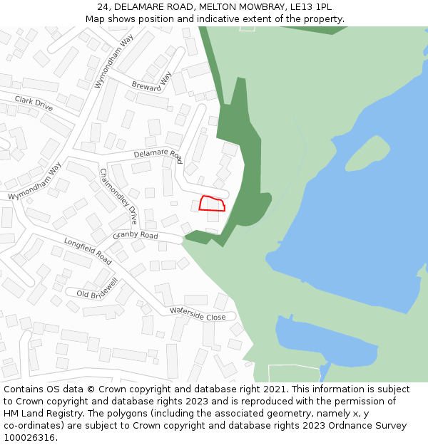 24, DELAMARE ROAD, MELTON MOWBRAY, LE13 1PL: Location map and indicative extent of plot