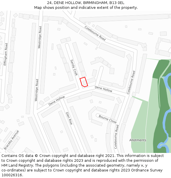 24, DENE HOLLOW, BIRMINGHAM, B13 0EL: Location map and indicative extent of plot