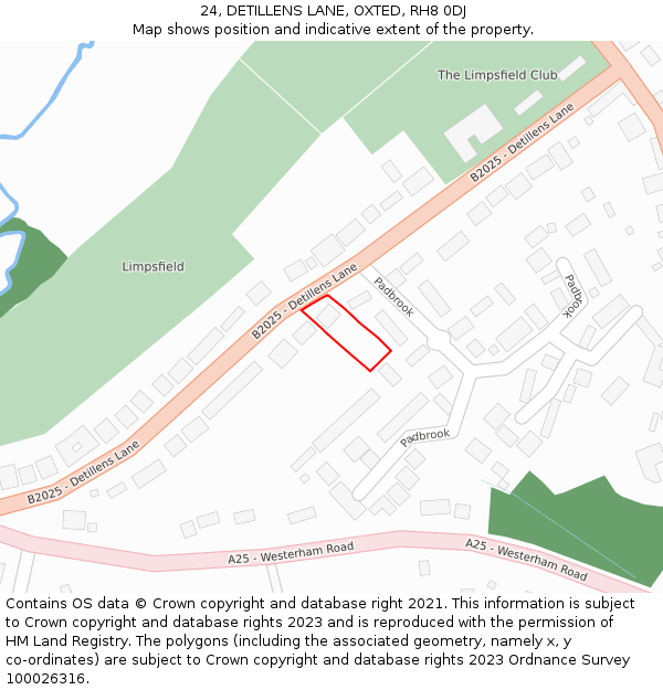 24, DETILLENS LANE, OXTED, RH8 0DJ: Location map and indicative extent of plot