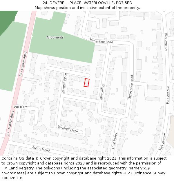 24, DEVERELL PLACE, WATERLOOVILLE, PO7 5ED: Location map and indicative extent of plot