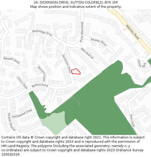 24, DICKINSON DRIVE, SUTTON COLDFIELD, B76 1FP: Location map and indicative extent of plot