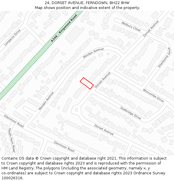 24, DORSET AVENUE, FERNDOWN, BH22 8HW: Location map and indicative extent of plot