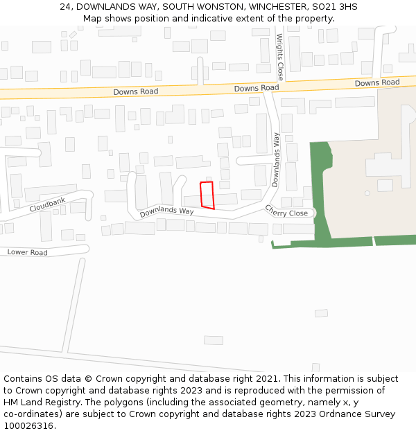 24, DOWNLANDS WAY, SOUTH WONSTON, WINCHESTER, SO21 3HS: Location map and indicative extent of plot