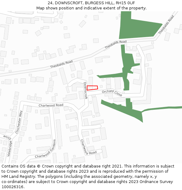 24, DOWNSCROFT, BURGESS HILL, RH15 0UF: Location map and indicative extent of plot