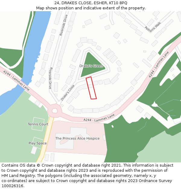 24, DRAKES CLOSE, ESHER, KT10 8PQ: Location map and indicative extent of plot