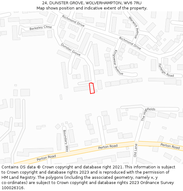 24, DUNSTER GROVE, WOLVERHAMPTON, WV6 7RU: Location map and indicative extent of plot