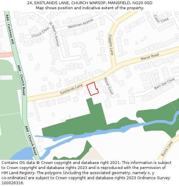 24, EASTLANDS LANE, CHURCH WARSOP, MANSFIELD, NG20 0SD: Location map and indicative extent of plot