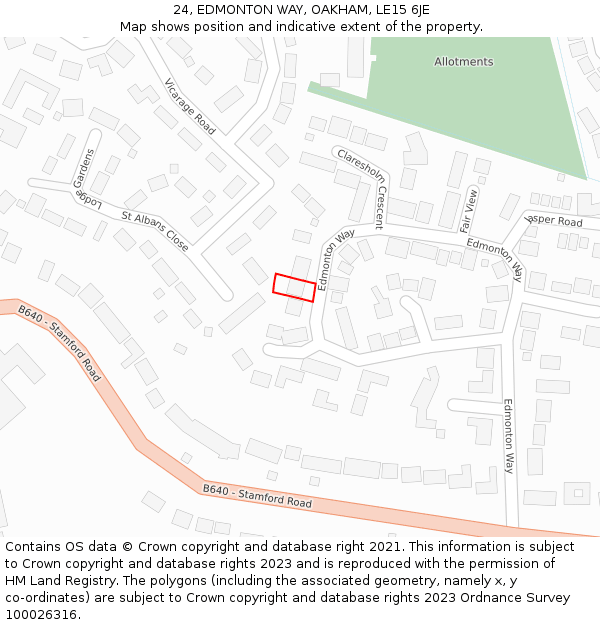 24, EDMONTON WAY, OAKHAM, LE15 6JE: Location map and indicative extent of plot