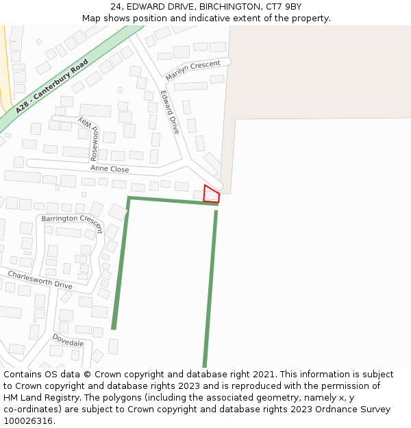 24, EDWARD DRIVE, BIRCHINGTON, CT7 9BY: Location map and indicative extent of plot