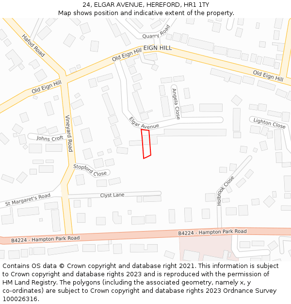 24, ELGAR AVENUE, HEREFORD, HR1 1TY: Location map and indicative extent of plot