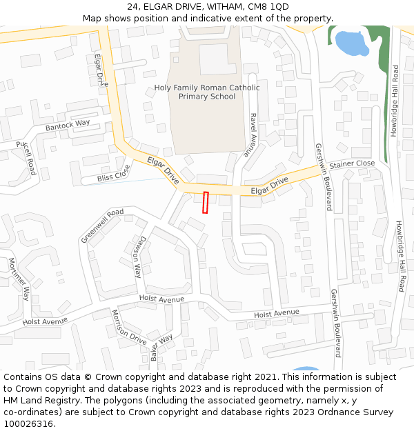 24, ELGAR DRIVE, WITHAM, CM8 1QD: Location map and indicative extent of plot