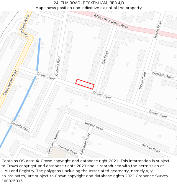24, ELM ROAD, BECKENHAM, BR3 4JB: Location map and indicative extent of plot