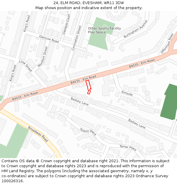 24, ELM ROAD, EVESHAM, WR11 3DW: Location map and indicative extent of plot