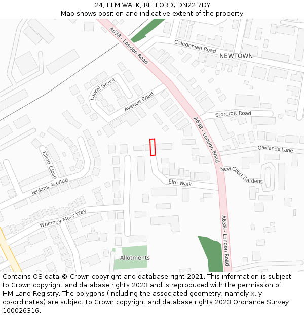 24, ELM WALK, RETFORD, DN22 7DY: Location map and indicative extent of plot