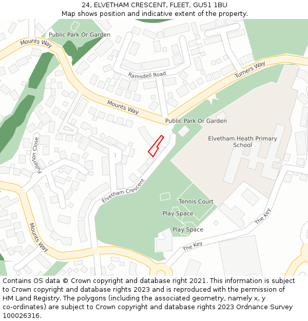 24, ELVETHAM CRESCENT, FLEET, GU51 1BU: Location map and indicative extent of plot
