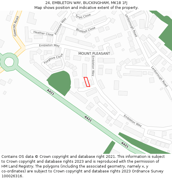 24, EMBLETON WAY, BUCKINGHAM, MK18 1FJ: Location map and indicative extent of plot