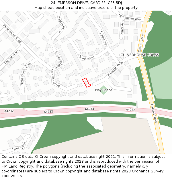 24, EMERSON DRIVE, CARDIFF, CF5 5DJ: Location map and indicative extent of plot