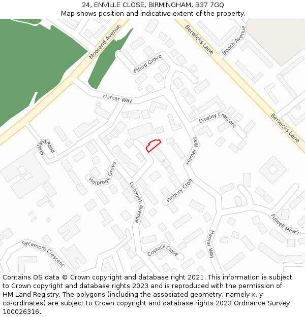 24, ENVILLE CLOSE, BIRMINGHAM, B37 7GQ: Location map and indicative extent of plot