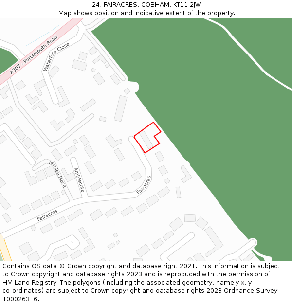 24, FAIRACRES, COBHAM, KT11 2JW: Location map and indicative extent of plot