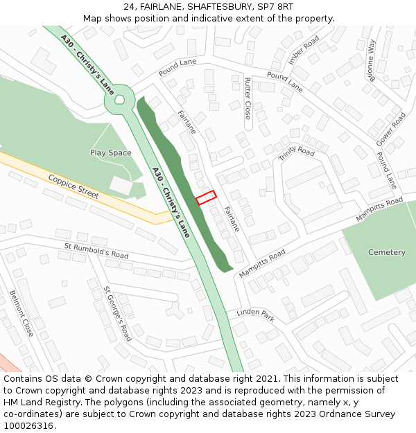 24, FAIRLANE, SHAFTESBURY, SP7 8RT: Location map and indicative extent of plot