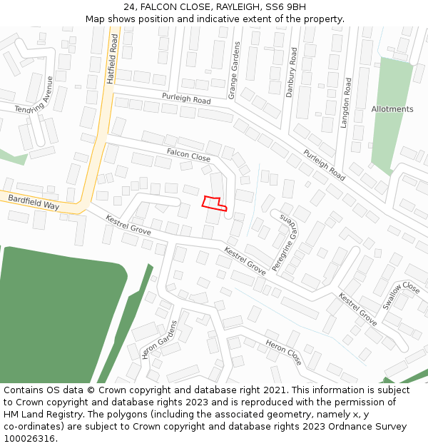 24, FALCON CLOSE, RAYLEIGH, SS6 9BH: Location map and indicative extent of plot