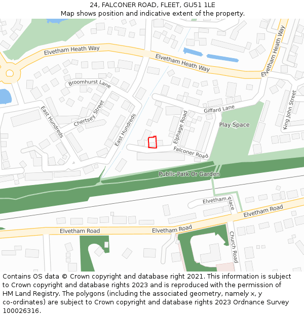 24, FALCONER ROAD, FLEET, GU51 1LE: Location map and indicative extent of plot