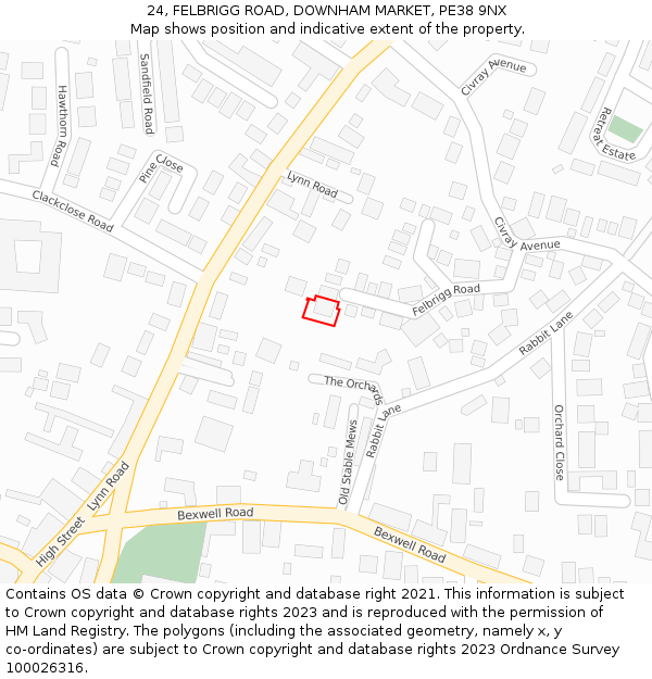 24, FELBRIGG ROAD, DOWNHAM MARKET, PE38 9NX: Location map and indicative extent of plot