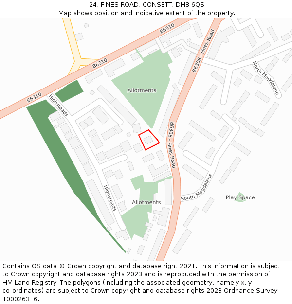 24, FINES ROAD, CONSETT, DH8 6QS: Location map and indicative extent of plot