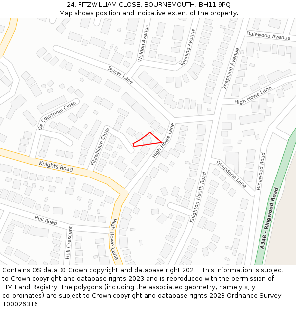 24, FITZWILLIAM CLOSE, BOURNEMOUTH, BH11 9PQ: Location map and indicative extent of plot