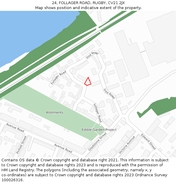 24, FOLLAGER ROAD, RUGBY, CV21 2JX: Location map and indicative extent of plot