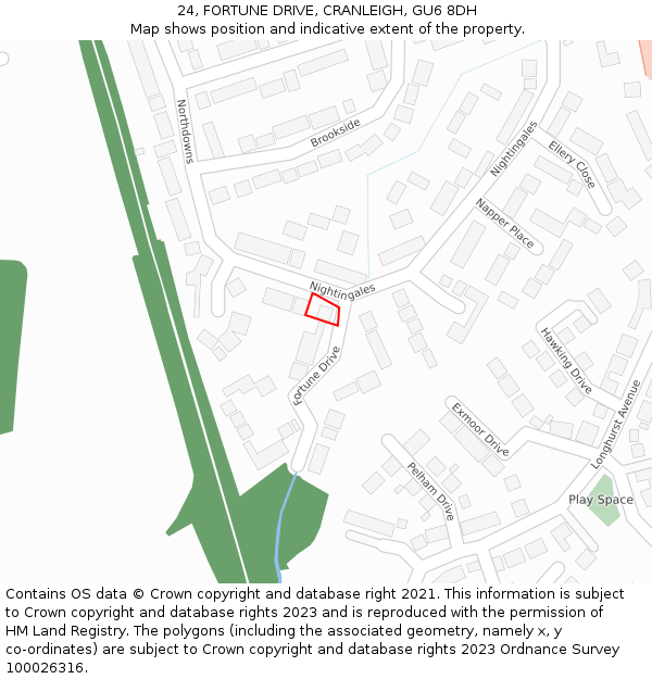 24, FORTUNE DRIVE, CRANLEIGH, GU6 8DH: Location map and indicative extent of plot