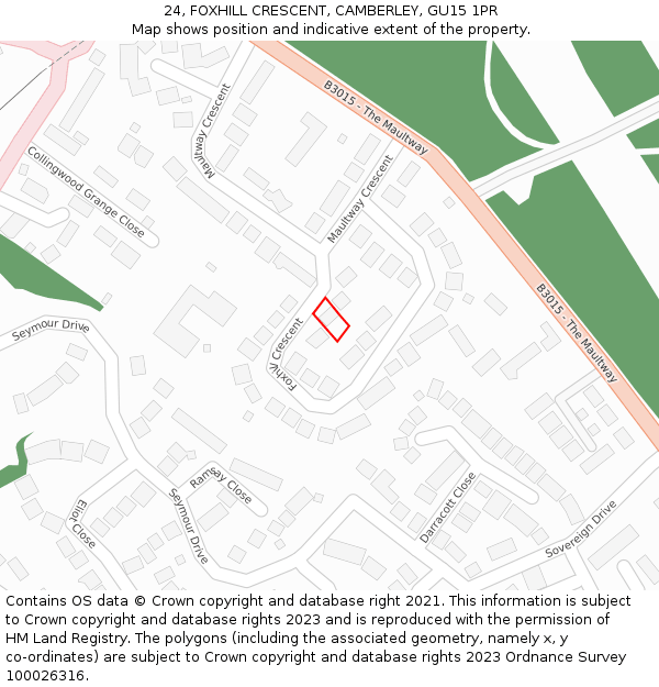 24, FOXHILL CRESCENT, CAMBERLEY, GU15 1PR: Location map and indicative extent of plot