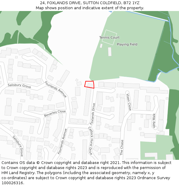 24, FOXLANDS DRIVE, SUTTON COLDFIELD, B72 1YZ: Location map and indicative extent of plot