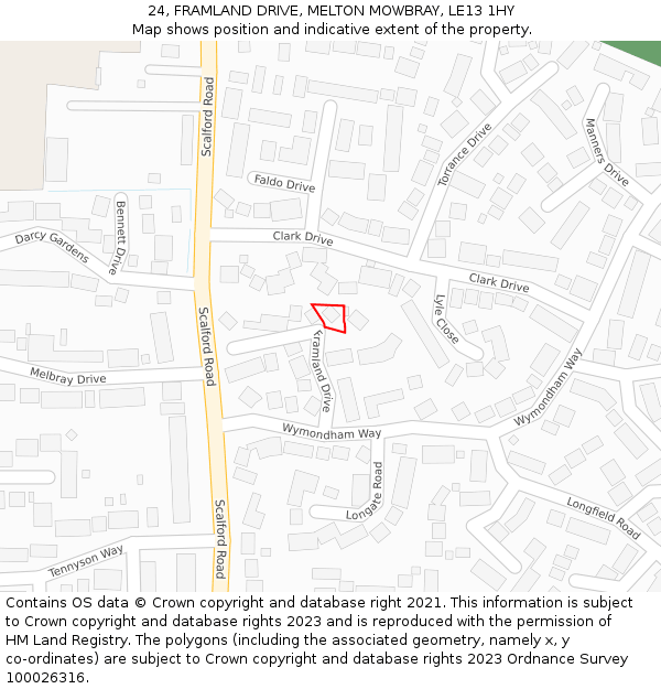 24, FRAMLAND DRIVE, MELTON MOWBRAY, LE13 1HY: Location map and indicative extent of plot