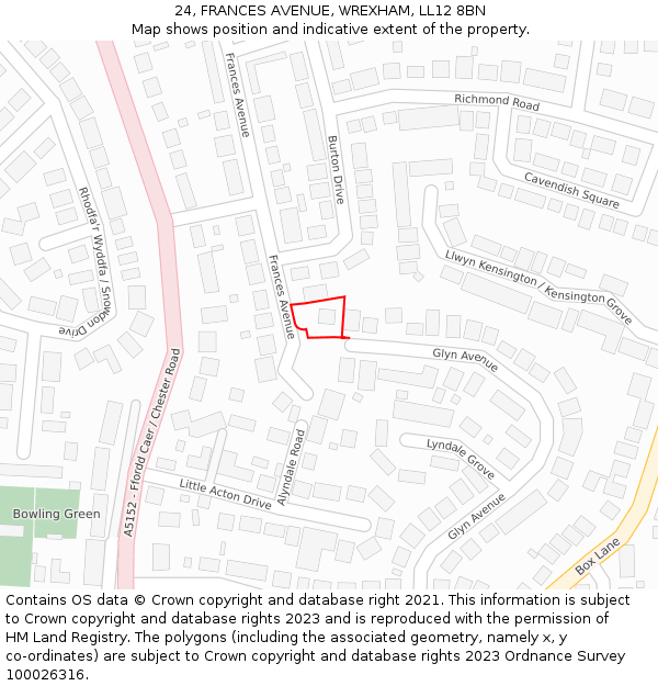 24, FRANCES AVENUE, WREXHAM, LL12 8BN: Location map and indicative extent of plot