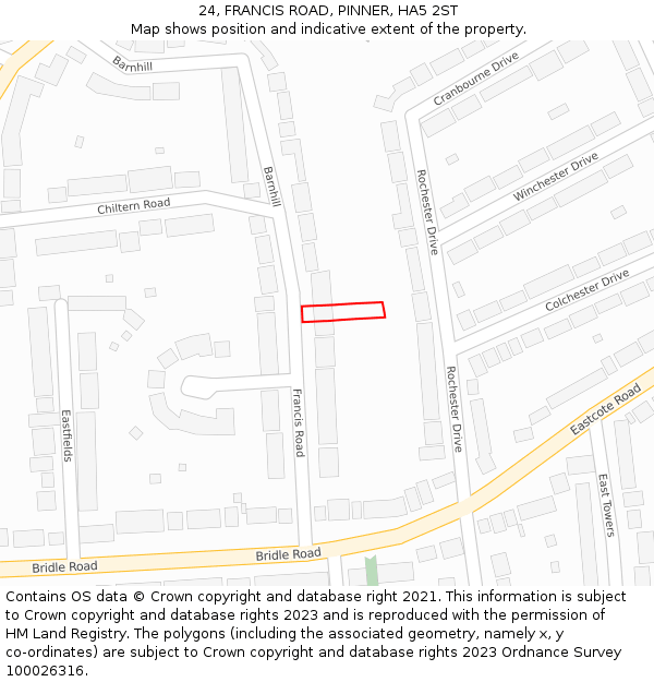 24, FRANCIS ROAD, PINNER, HA5 2ST: Location map and indicative extent of plot