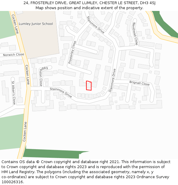24, FROSTERLEY DRIVE, GREAT LUMLEY, CHESTER LE STREET, DH3 4SJ: Location map and indicative extent of plot