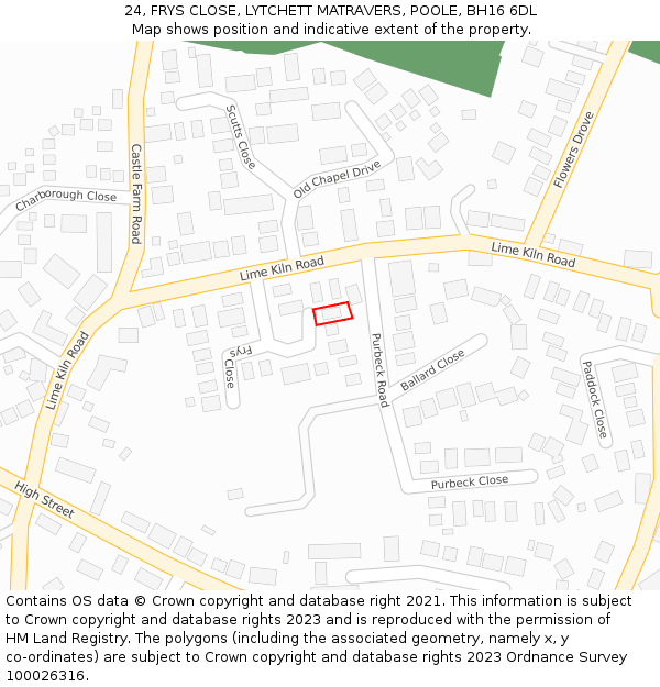 24, FRYS CLOSE, LYTCHETT MATRAVERS, POOLE, BH16 6DL: Location map and indicative extent of plot